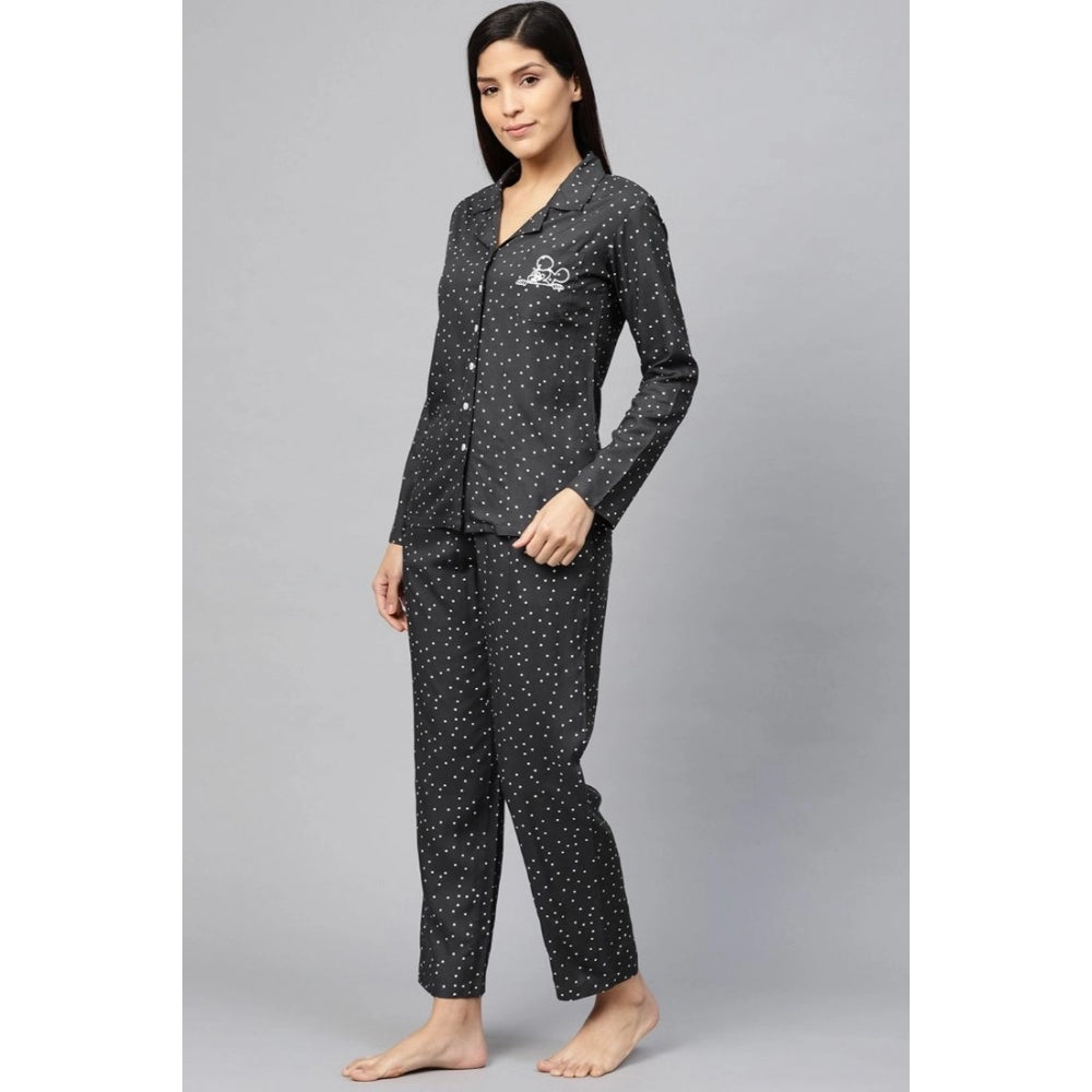 Women's Casual Full Sleeves Polka Dot Printed Rayon Shirt With Pyjama Pant Night Suit Set (Grey) - GillKart