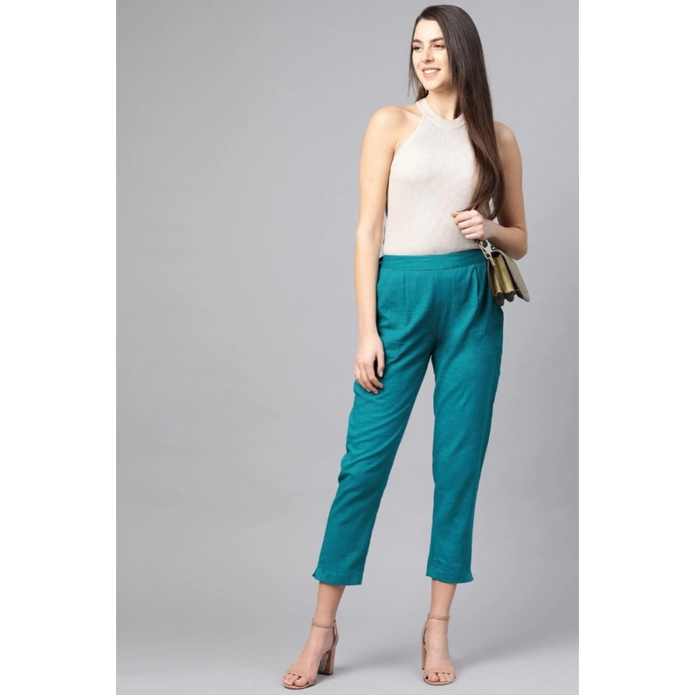 Women's Casual Solid Cotton Slub Trouser Pant (Rama Blue) - GillKart