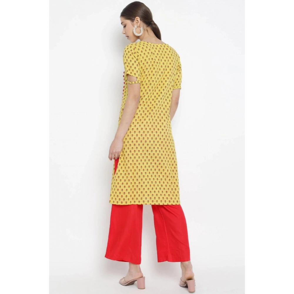 Women's Casual Short Sleeves Floral Printed Cotton &amp; Rayon Kurti Palazzo Set (Yellow &amp; Red) - GillKart