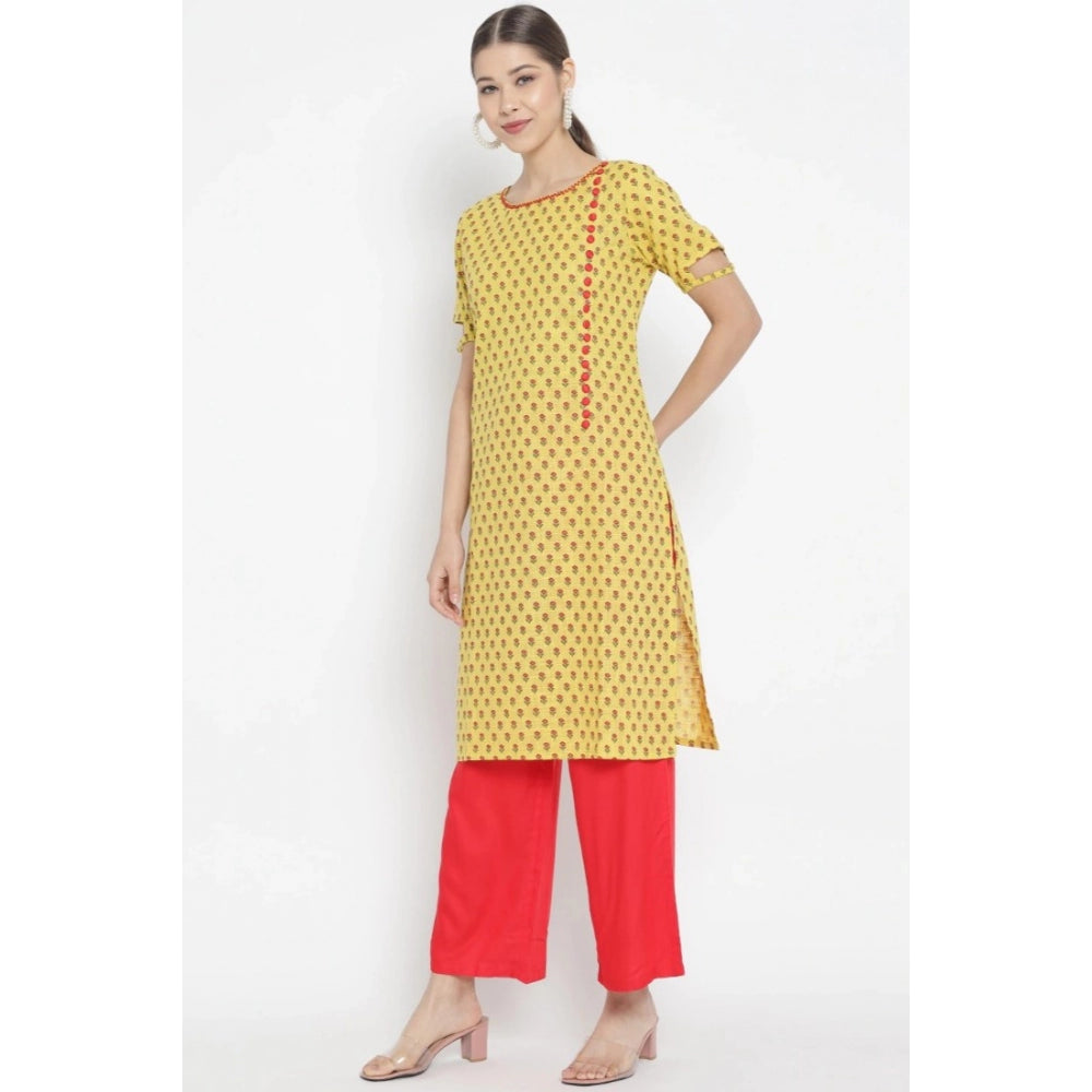 Women's Casual Short Sleeves Floral Printed Cotton &amp; Rayon Kurti Palazzo Set (Yellow &amp; Red) - GillKart