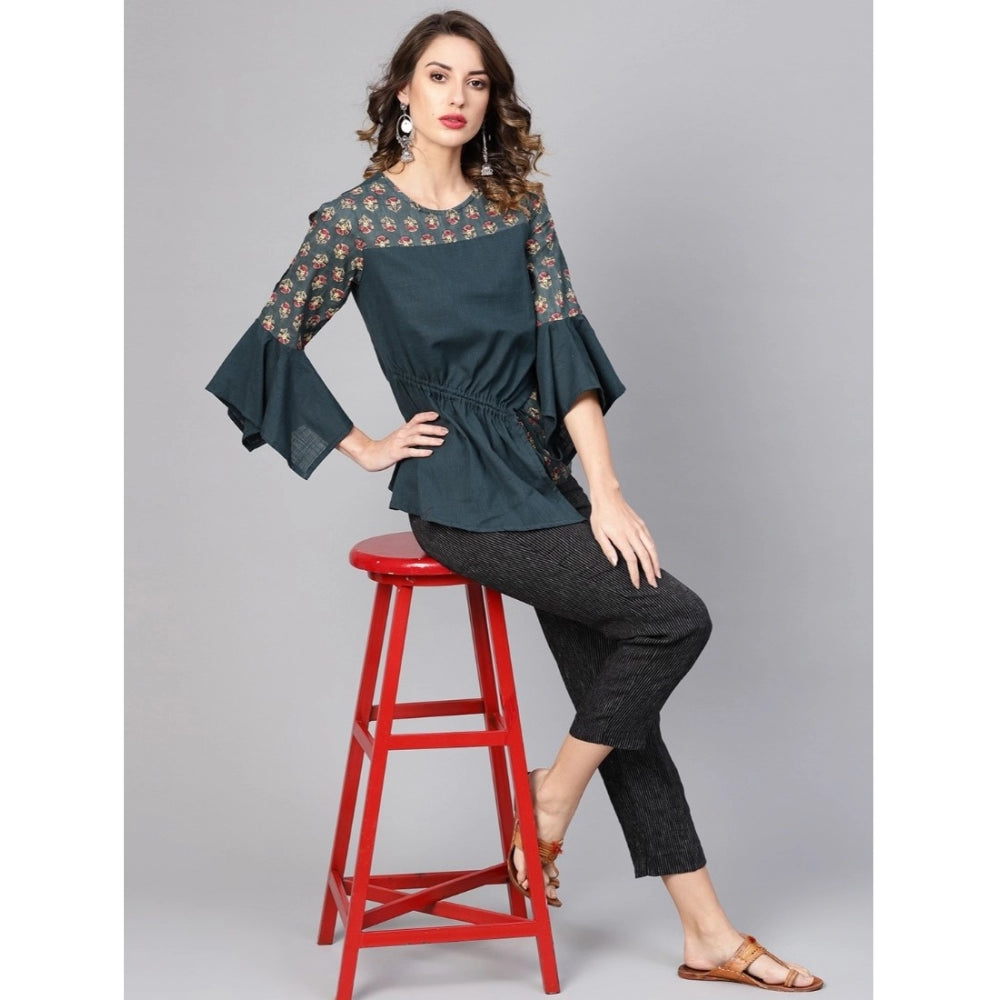 Women's Casual Bell Sleeves Floral Printed Cotton Slub Top (Grey) - GillKart