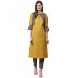 Women's Casual Bell Sleeves Geomatrical Printed Cotton Kurti Set (Yellow) - GillKart