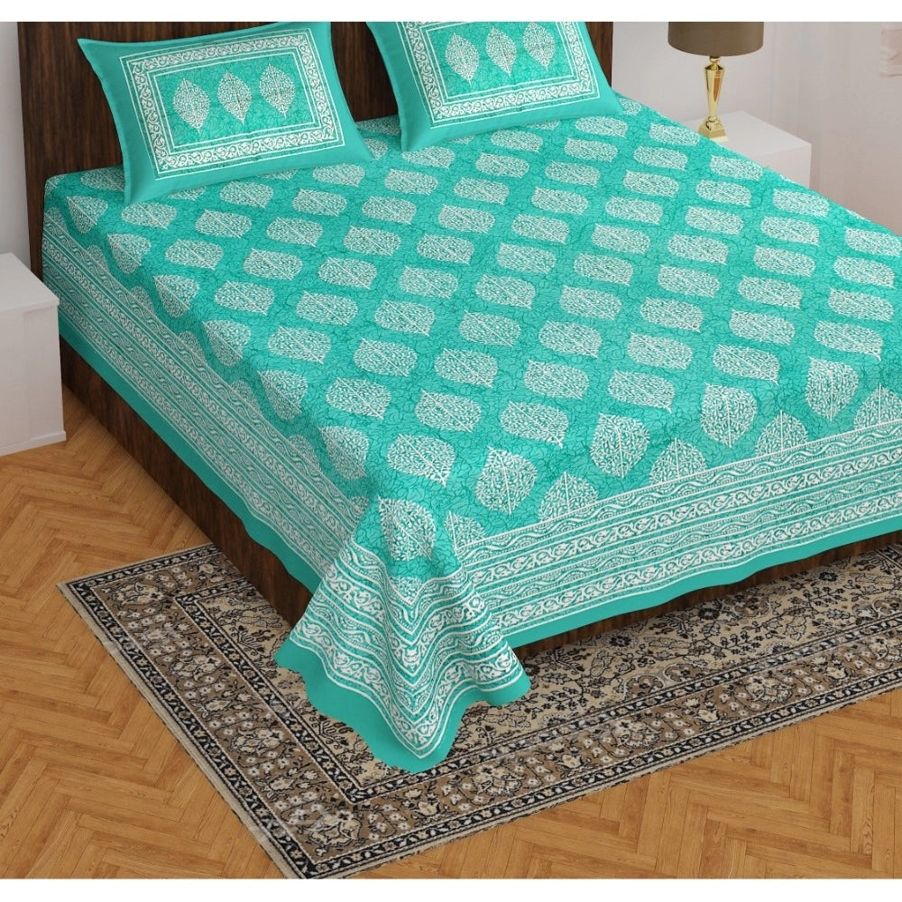 Cotton Printed Queen Size Bedsheet With 2 Pillow Covers (Sea Green, 90x100 Inch) - GillKart