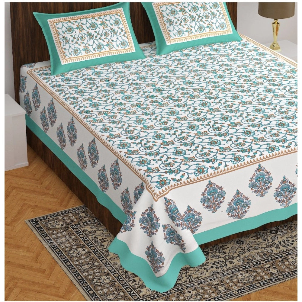 Cotton Printed Queen Size Bedsheet With 2 Pillow Covers (Sea Green, 90x100 Inch) - GillKart