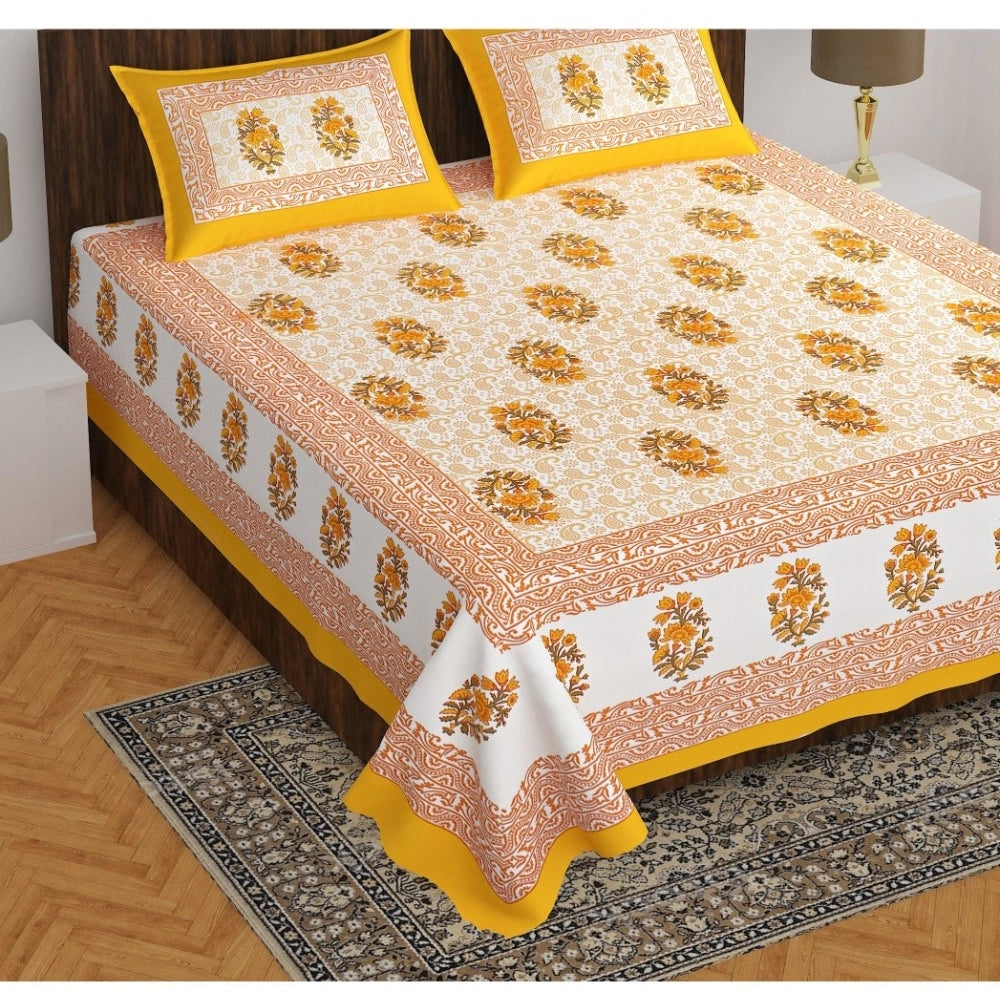 Cotton Printed Queen Size Bedsheet With 2 Pillow Covers (Mustard, 90x100 Inch) - GillKart