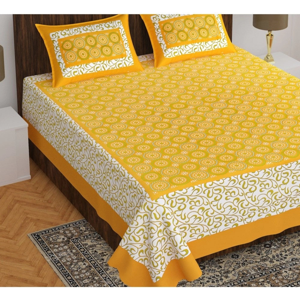 Cotton Printed Queen Size Bedsheet With 2 Pillow Covers (Mustard, 90x100 Inch) - GillKart