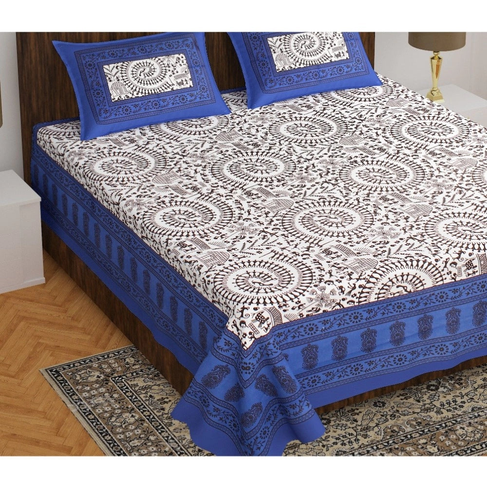 Cotton Printed Queen Size Bedsheet With 2 Pillow Covers (Blue, 90x100 Inch) - GillKart