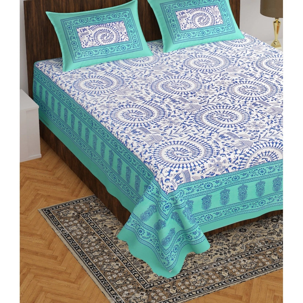 Cotton Printed Queen Size Bedsheet With 2 Pillow Covers (Sea Green, 90x100 Inch) - GillKart