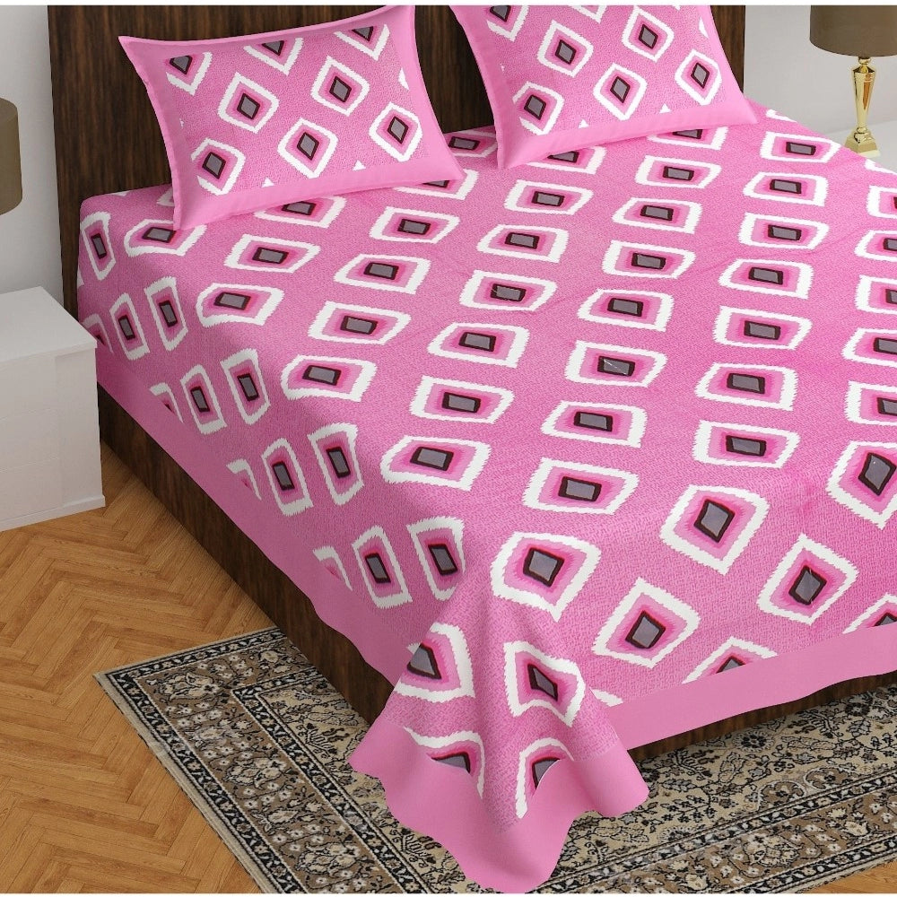 Cotton Printed Queen Size Bedsheet With 2 Pillow Covers (Pink, 90x100 Inch) - GillKart
