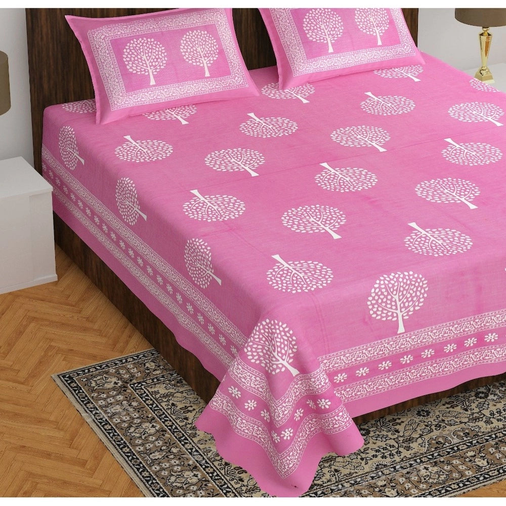 Cotton Printed Queen Size Bedsheet With 2 Pillow Covers (Pink, 90x100 Inch) - GillKart