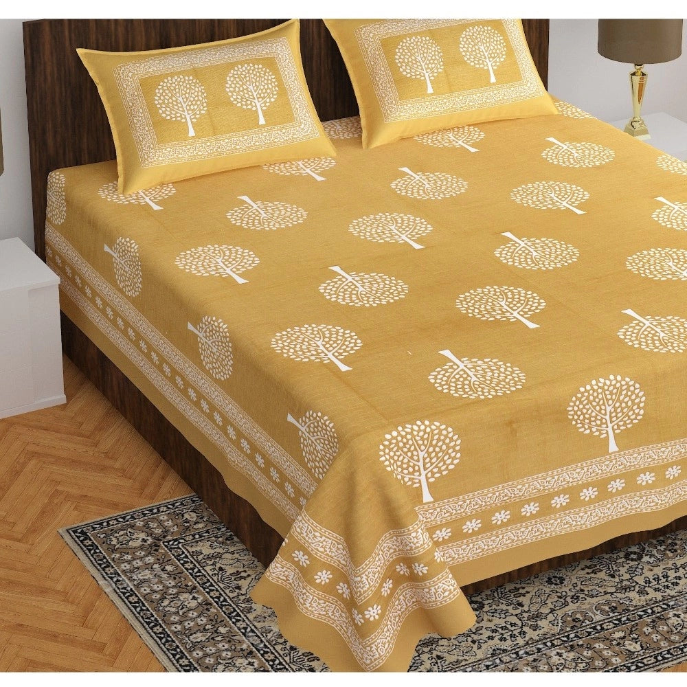 Cotton Printed Queen Size Bedsheet With 2 Pillow Covers (Mustard, 90x100 Inch) - GillKart
