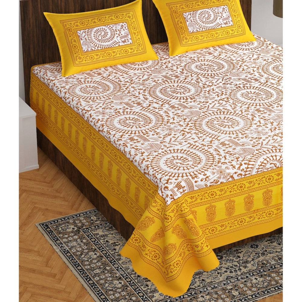 Cotton Printed Queen Size Bedsheet With 2 Pillow Covers (Yellow, 90x100 Inch) - GillKart