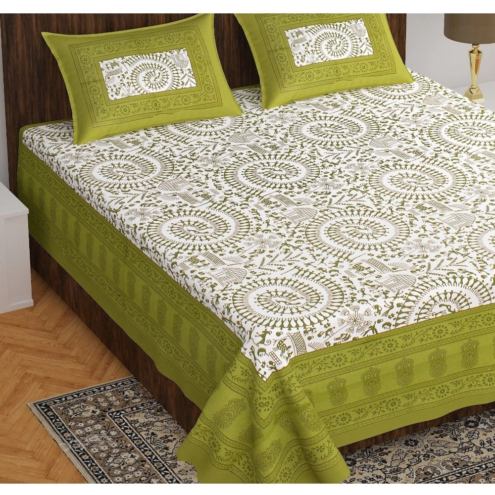 Cotton Printed Queen Size Bedsheet With 2 Pillow Covers (Green, 90x100 Inch) - GillKart
