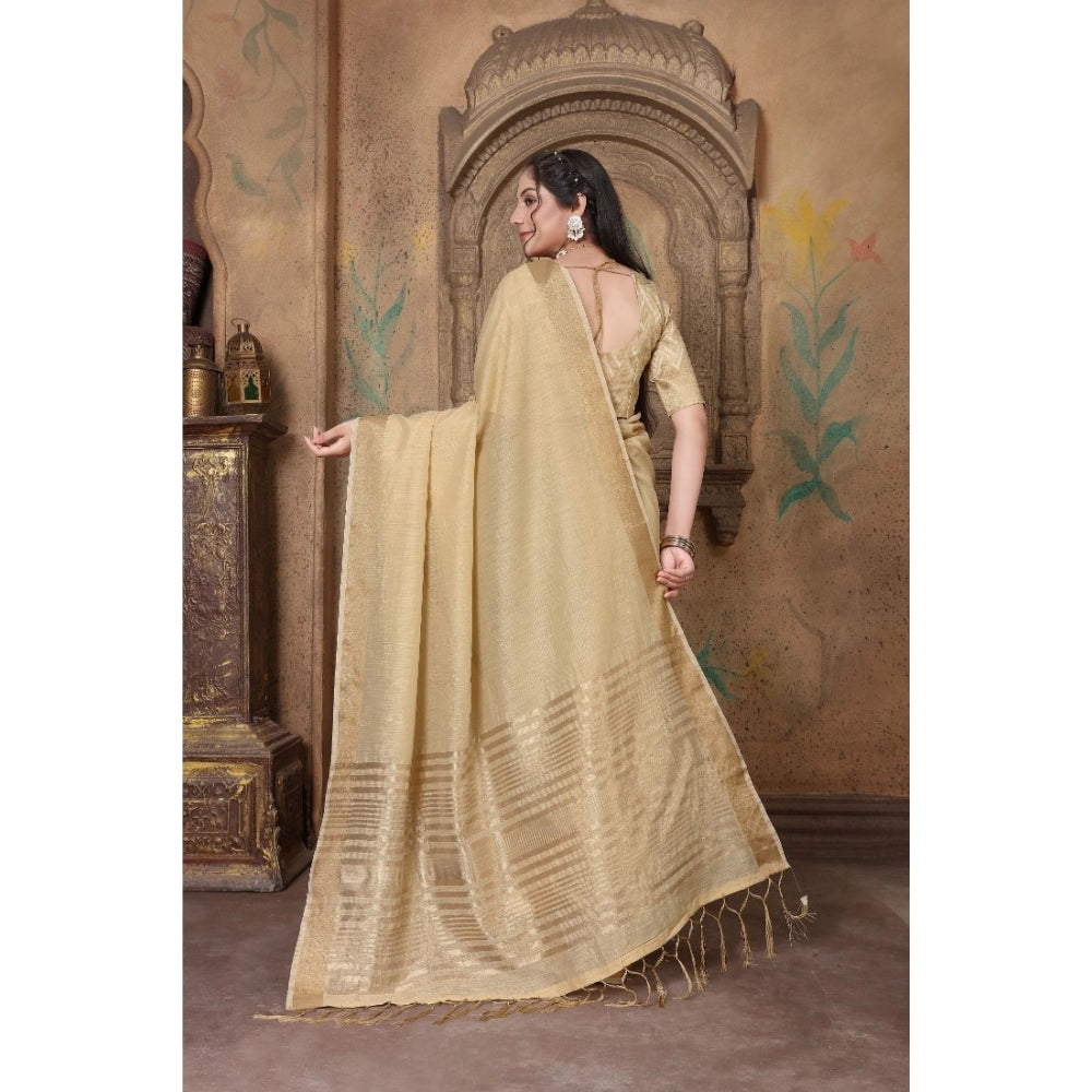 Gillkart Women's Soft Linen Striped Saree With Unstitched Blouse (Beige, 5-6 Mtrs) - GillKart