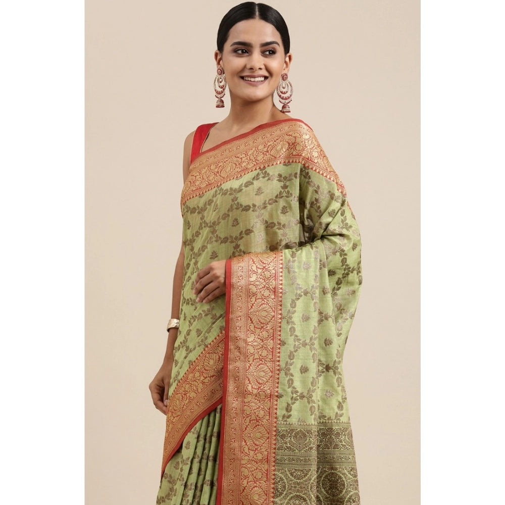 Gillkart Women's Chanderi Cotton Printed Saree With Unstitched Blouse (Pista, 5-6 Mtrs) - GillKart