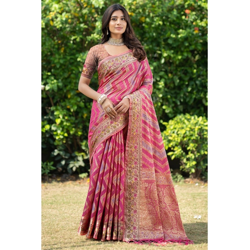 Gillkart Women's Organza Printed Saree With Unstitched Blouse (Pink, 5-6 Mtrs) - GillKart