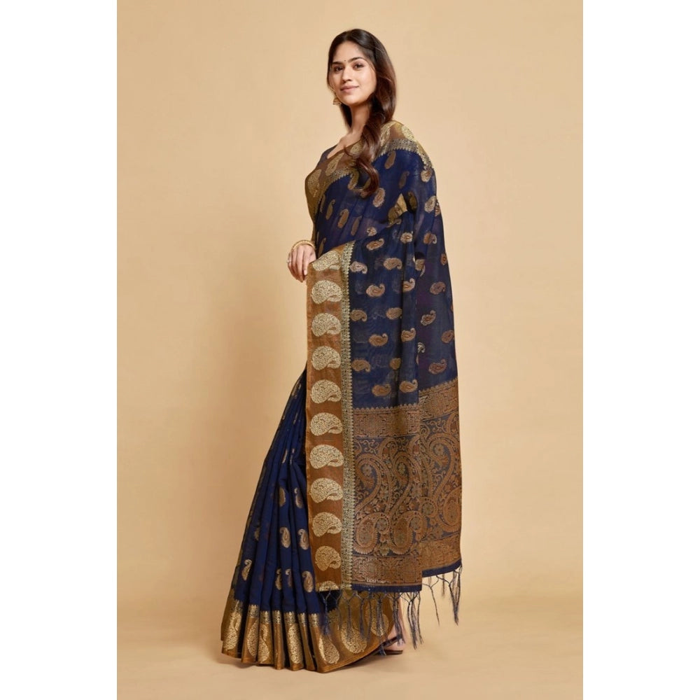 Gillkart Women's Chanderi Cotton Printed Saree With Unstitched Blouse (Navy Blue, 5-6 Mtrs) - GillKart