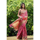 Gillkart Women's Organza Printed Saree With Unstitched Blouse (Pink, 5-6 Mtrs) - GillKart