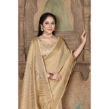 Gillkart Women's Soft Linen Striped Saree With Unstitched Blouse (Beige, 5-6 Mtrs) - GillKart