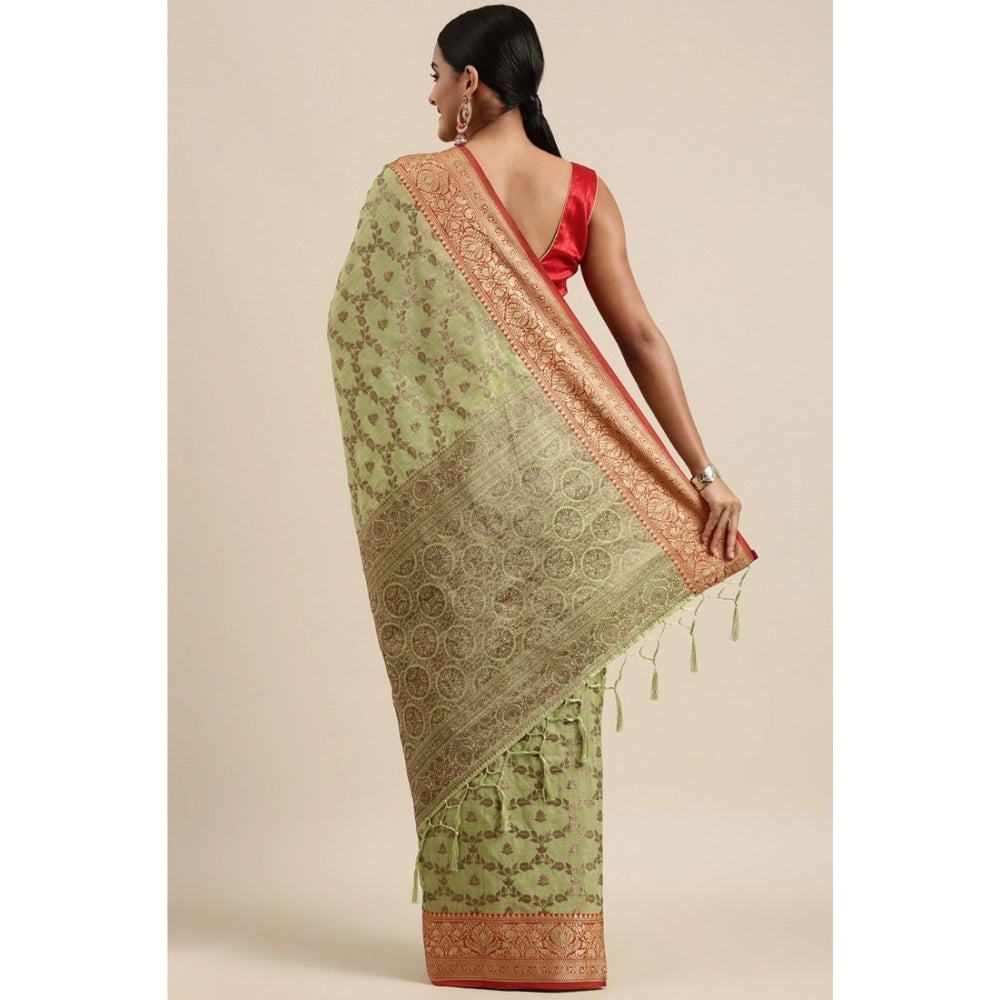 Gillkart Women's Chanderi Cotton Printed Saree With Unstitched Blouse (Pista, 5-6 Mtrs) - GillKart