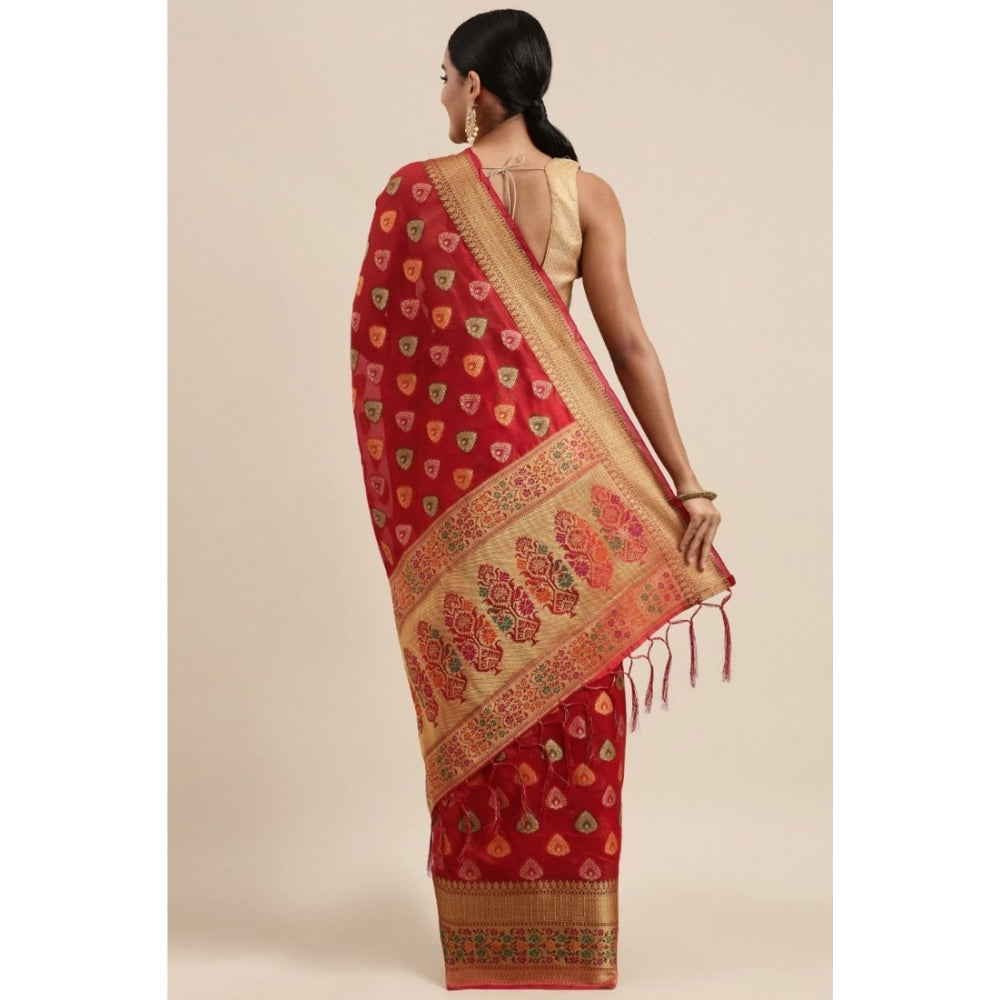 Gillkart Women's Organza Printed Saree With Unstitched Blouse (Red, 5-6 Mtrs) - GillKart