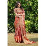 Gillkart Women's Organza Printed Saree With Unstitched Blouse (Orange, 5-6 Mtrs) - GillKart