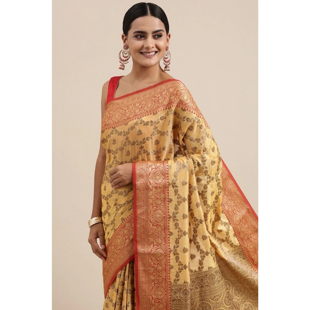 Gillkart Women's Chanderi Cotton Printed Saree With Unstitched Blouse (Yellow, 5-6 Mtrs) - GillKart