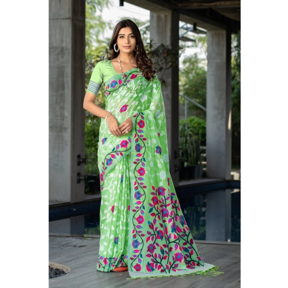 Gillkart Women's Cotton Printed Saree With Unstitched Blouse (Green, 5-6 Mtrs) - GillKart