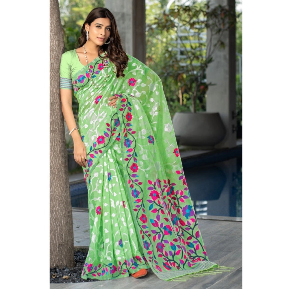 Gillkart Women's Cotton Printed Saree With Unstitched Blouse (Green, 5-6 Mtrs) - GillKart