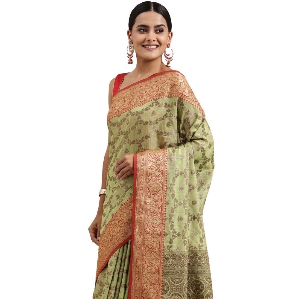 Gillkart Women's Chanderi Cotton Printed Saree With Unstitched Blouse (Pista, 5-6 Mtrs) - GillKart