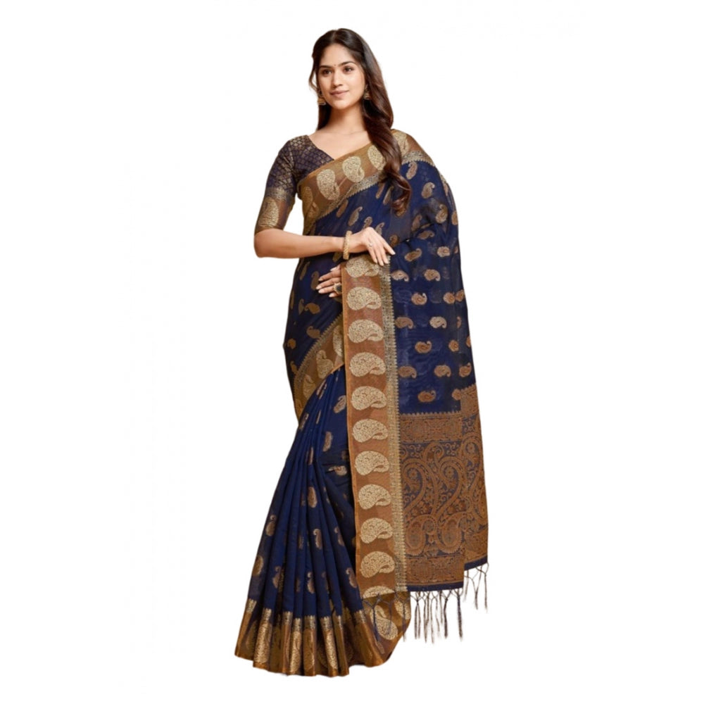 Gillkart Women's Chanderi Cotton Printed Saree With Unstitched Blouse (Navy Blue, 5-6 Mtrs) - GillKart