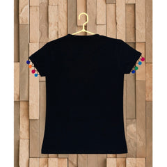 Girl's Casual Short Sleeve Printed Cotton T Shirt (Black) - GillKart