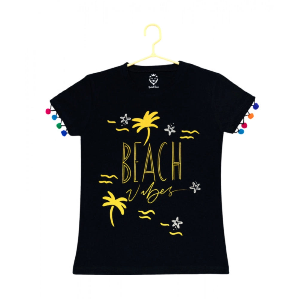 Girl's Casual Short Sleeve Printed Cotton T Shirt (Black) - GillKart