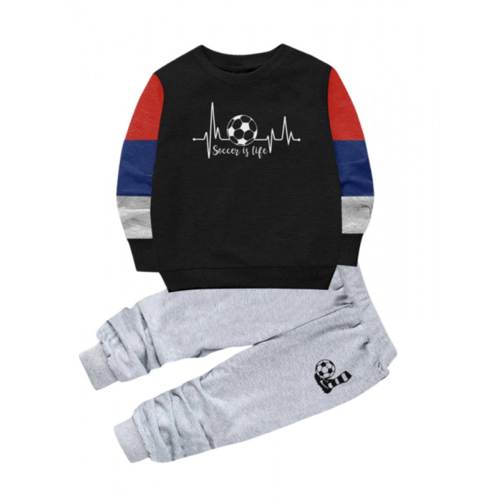 Boy's Casual Full Sleeve Printed Cotton T Shirt With Pant (Black) - GillKart