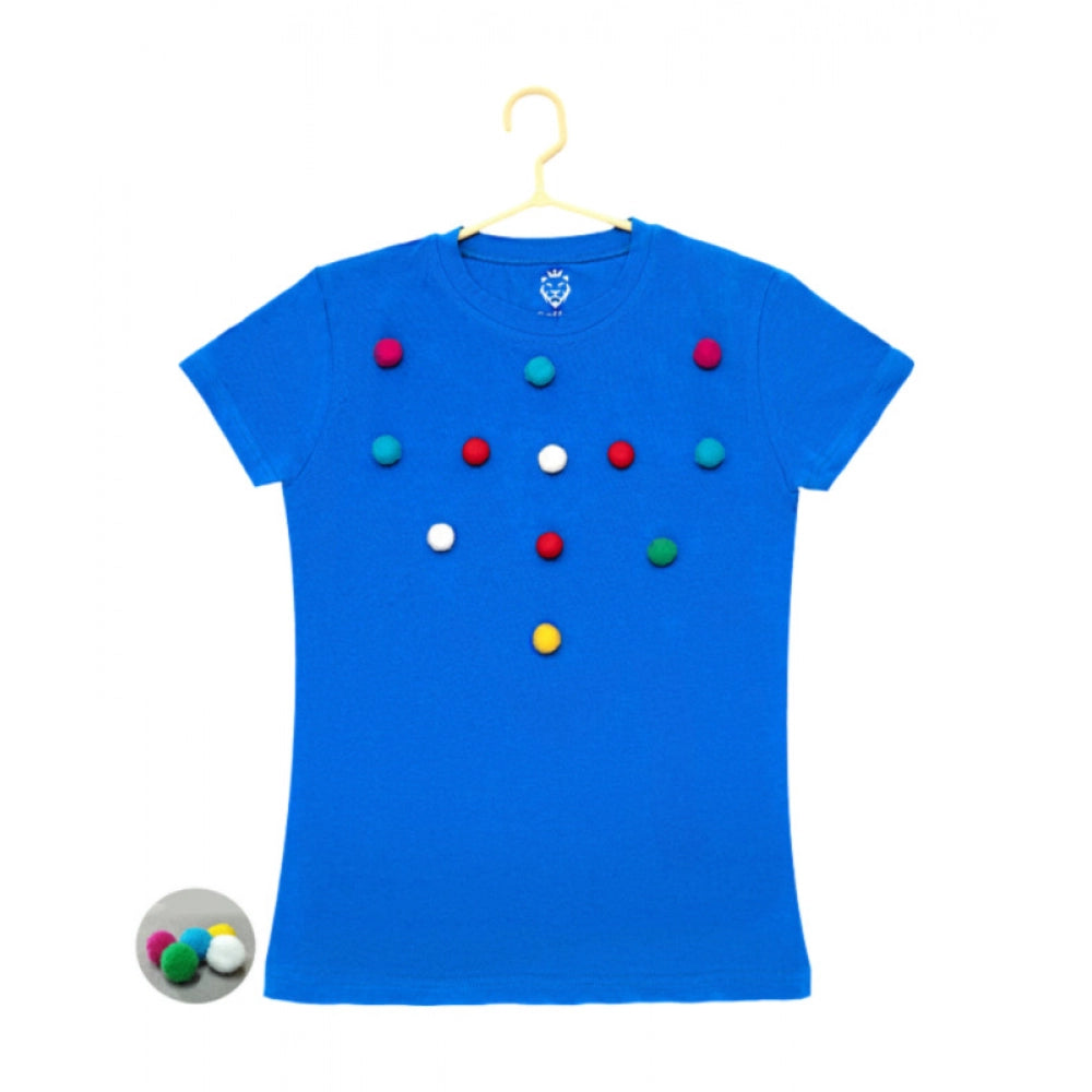 Girl's Casual Short Sleeve Pom Pom Balls Cotton T Shirt (Royal Blue) - GillKart