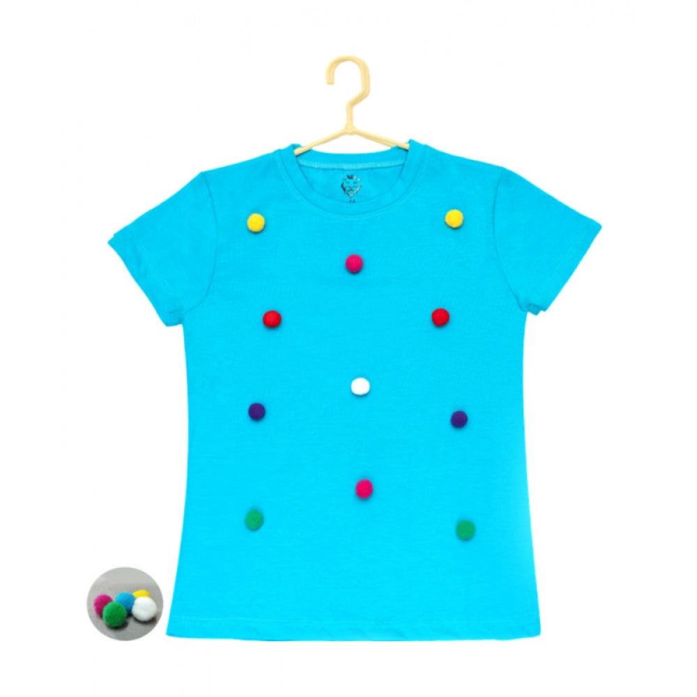 Girl's Casual Short Sleeve Pom Pom Balls Cotton T Shirt (Blue) - GillKart