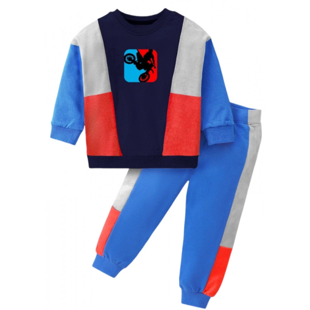 Boy's Casual Full Sleeve Printed Cotton T Shirt With Pant (Blue) - GillKart