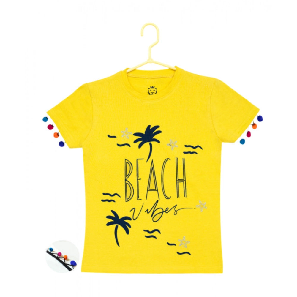 Girl's Casual Short Sleeve Printed Cotton T Shirt (Yellow) - GillKart