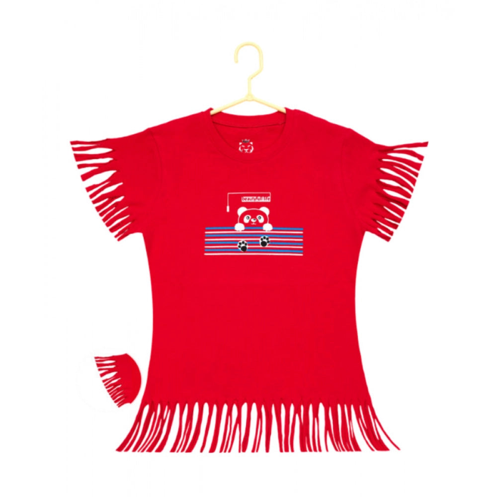 Girl's Casual Short Sleeve Printed Cotton T Shirt (Red) - GillKart