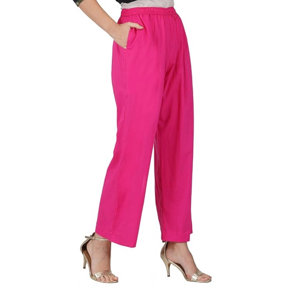 Women's Casual Cotton Cambric Solid Elastic Palazzo Trousers (Pink) - GillKart