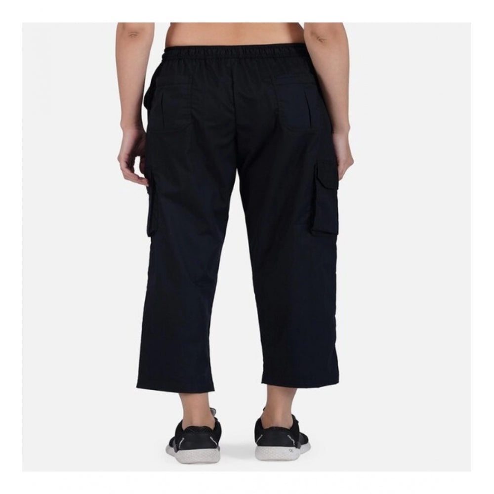 Women's Casual Cotton Solid Cargo Pants (Black) - GillKart