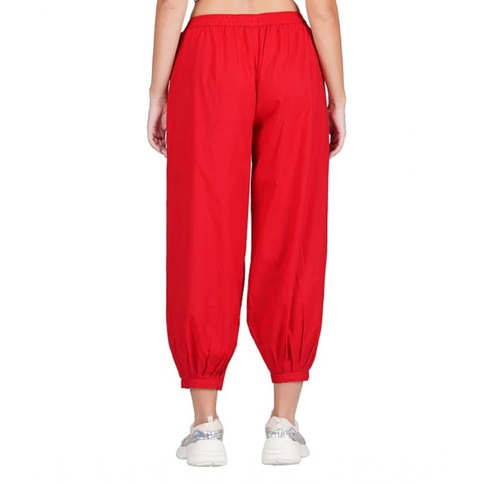 Women's Casual Cotton Cambric Solid Elastic Waist Patiala Harem Pants (Red) - GillKart