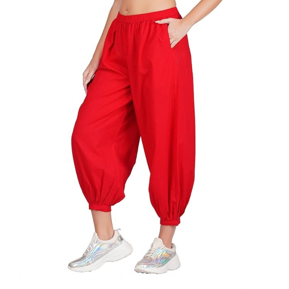 Women's Casual Cotton Cambric Solid Elastic Waist Patiala Harem Pants (Red) - GillKart