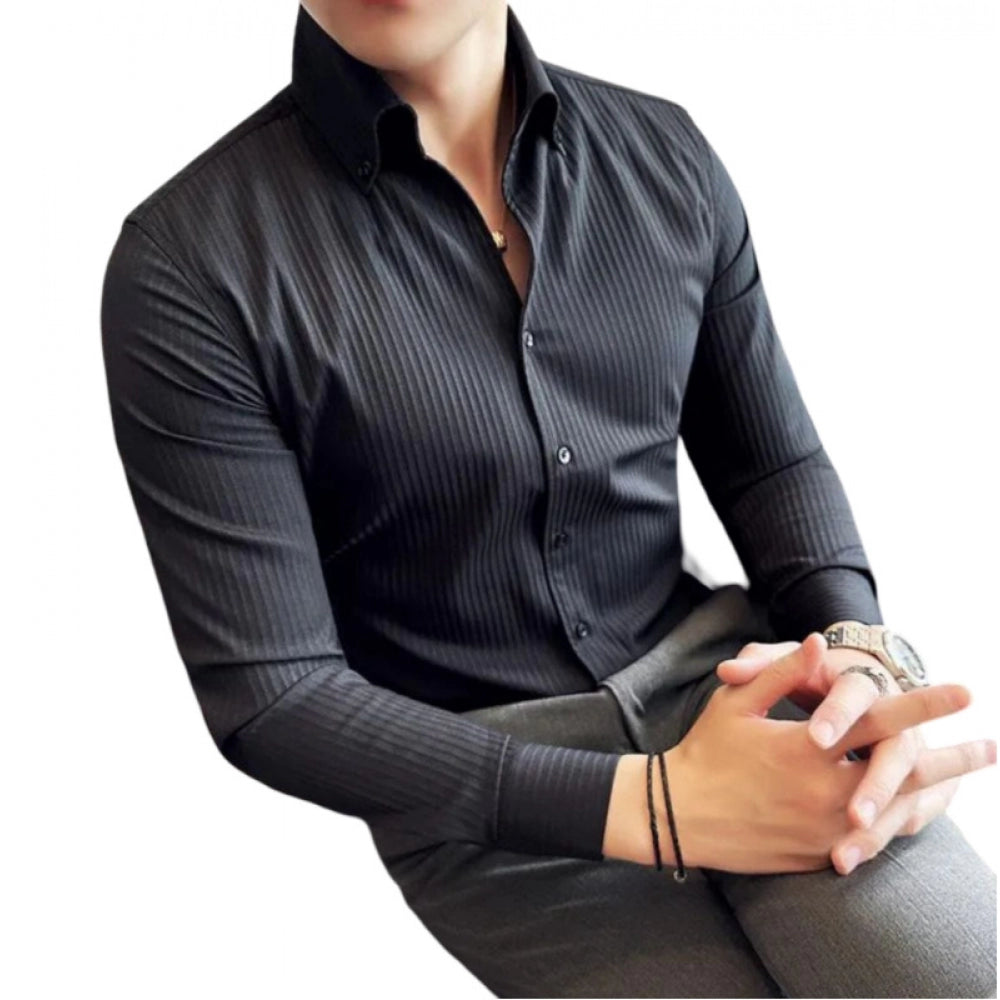 Men's Casual Full Sleeve Striped Cotton Blended Shirt (Black) - GillKart