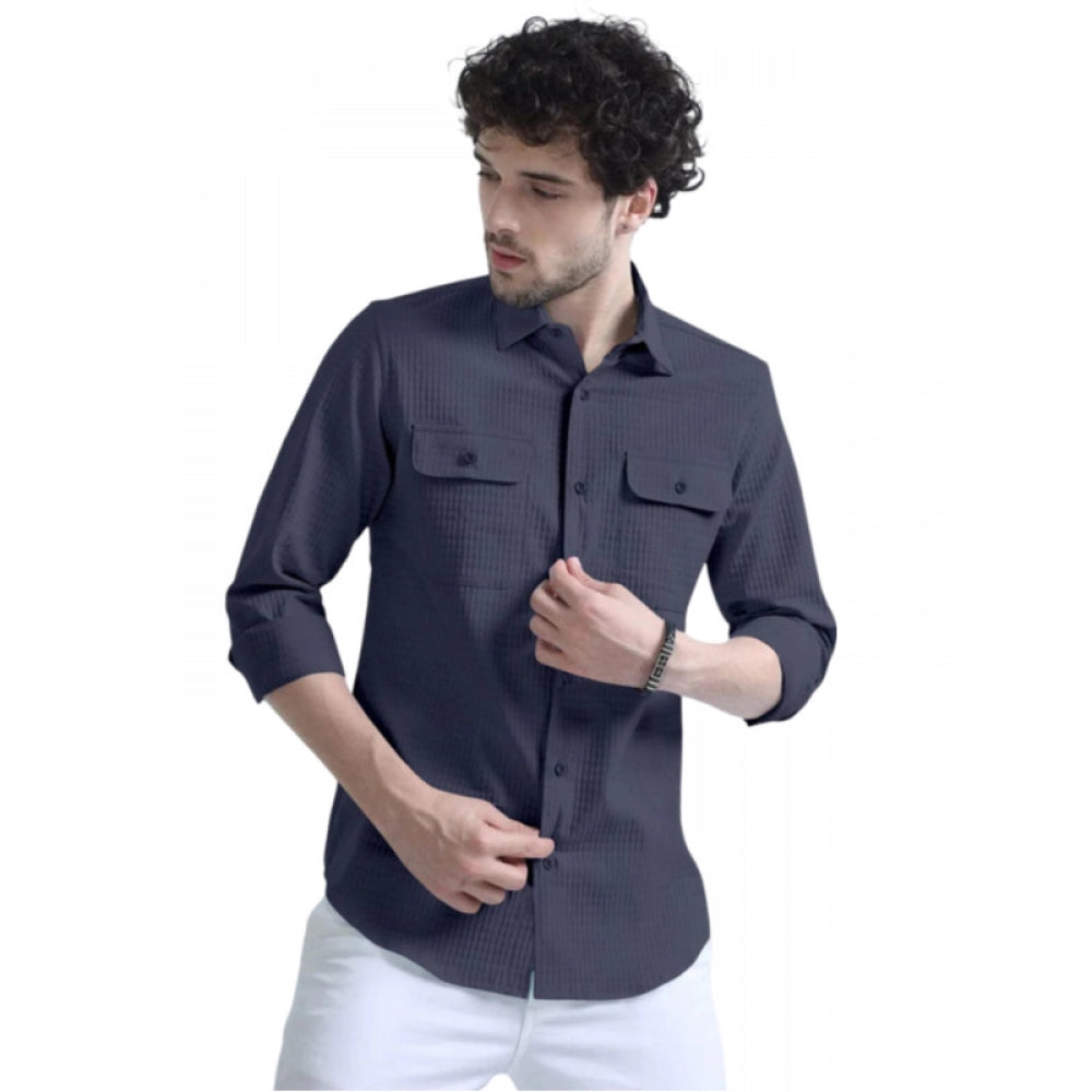 Men's Casual Short Sleeve Striped Cotton Blended Shirt (Dark Grey) - GillKart