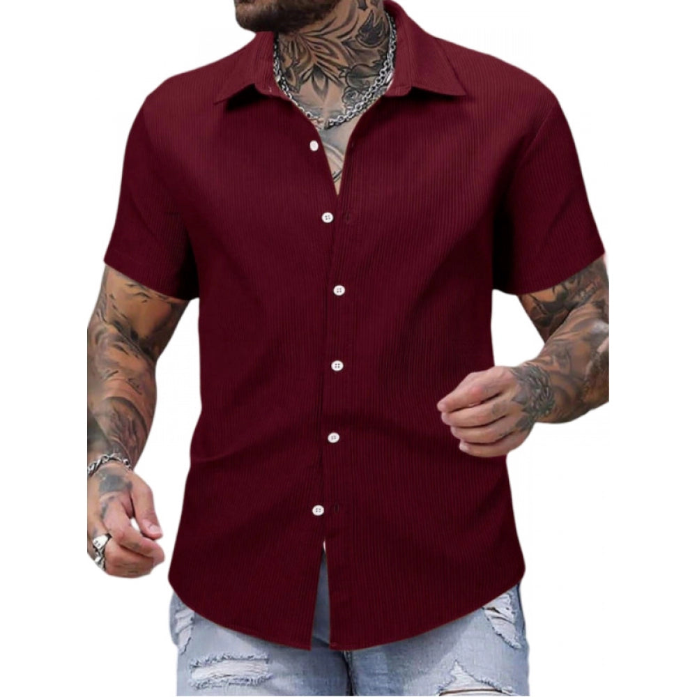 Men's Casual Short Sleeve Striped Cotton Blended Shirt (Maroon) - GillKart