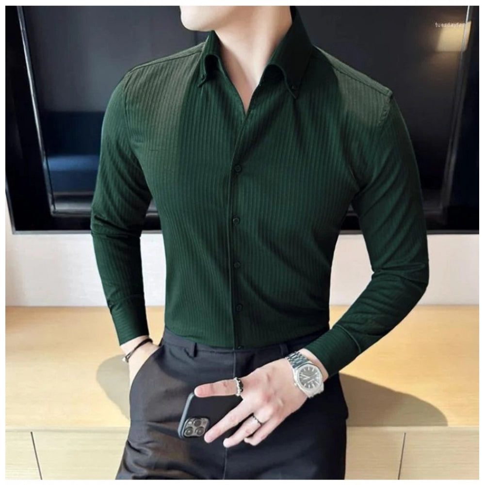 Men's Casual Full Sleeve Striped Cotton Blended Shirt (Green) - GillKart