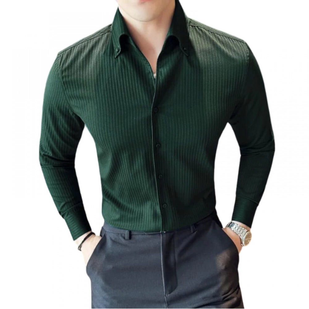 Men's Casual Full Sleeve Striped Cotton Blended Shirt (Green) - GillKart