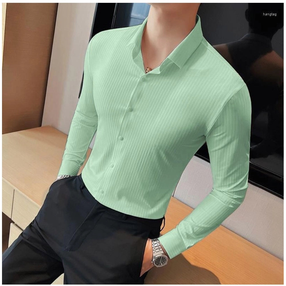 Men's Casual Full Sleeve Striped Cotton Blended Shirt (Light Green) - GillKart