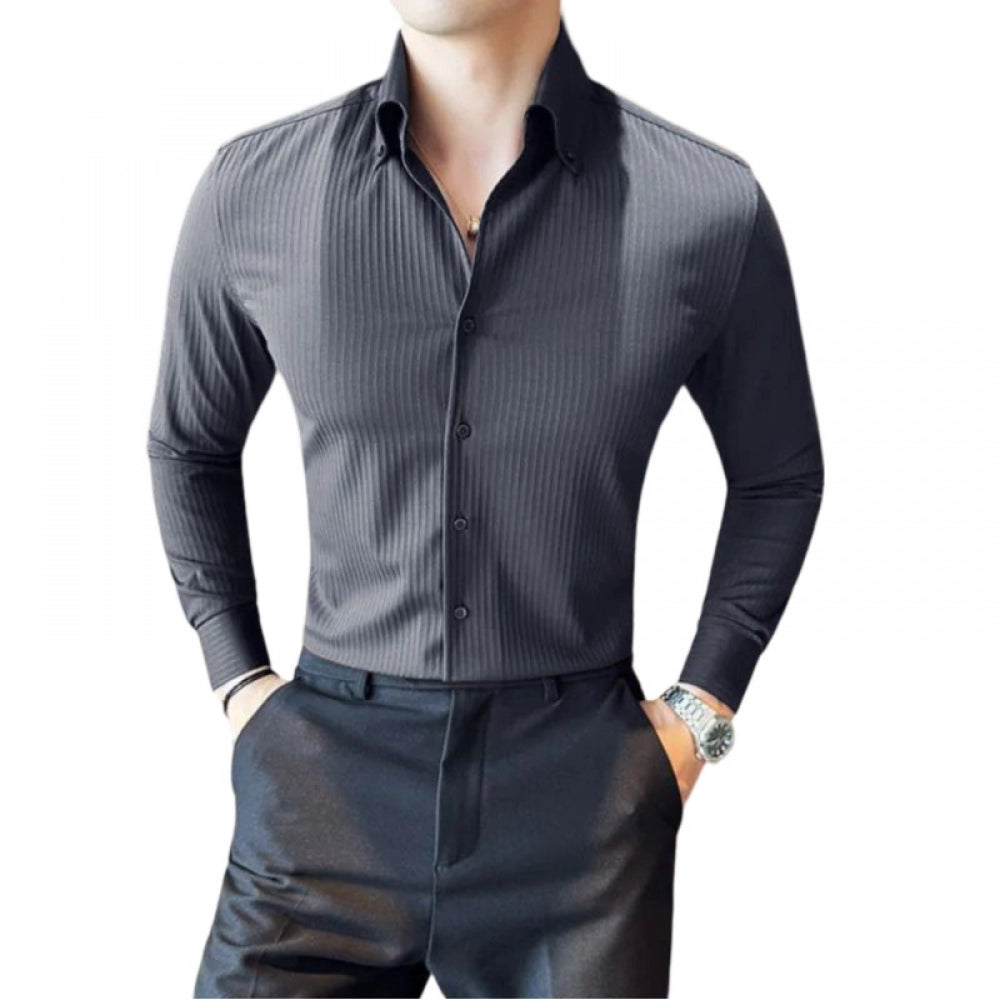 Men's Casual Full Sleeve Striped Cotton Blended Shirt (Grey) - GillKart
